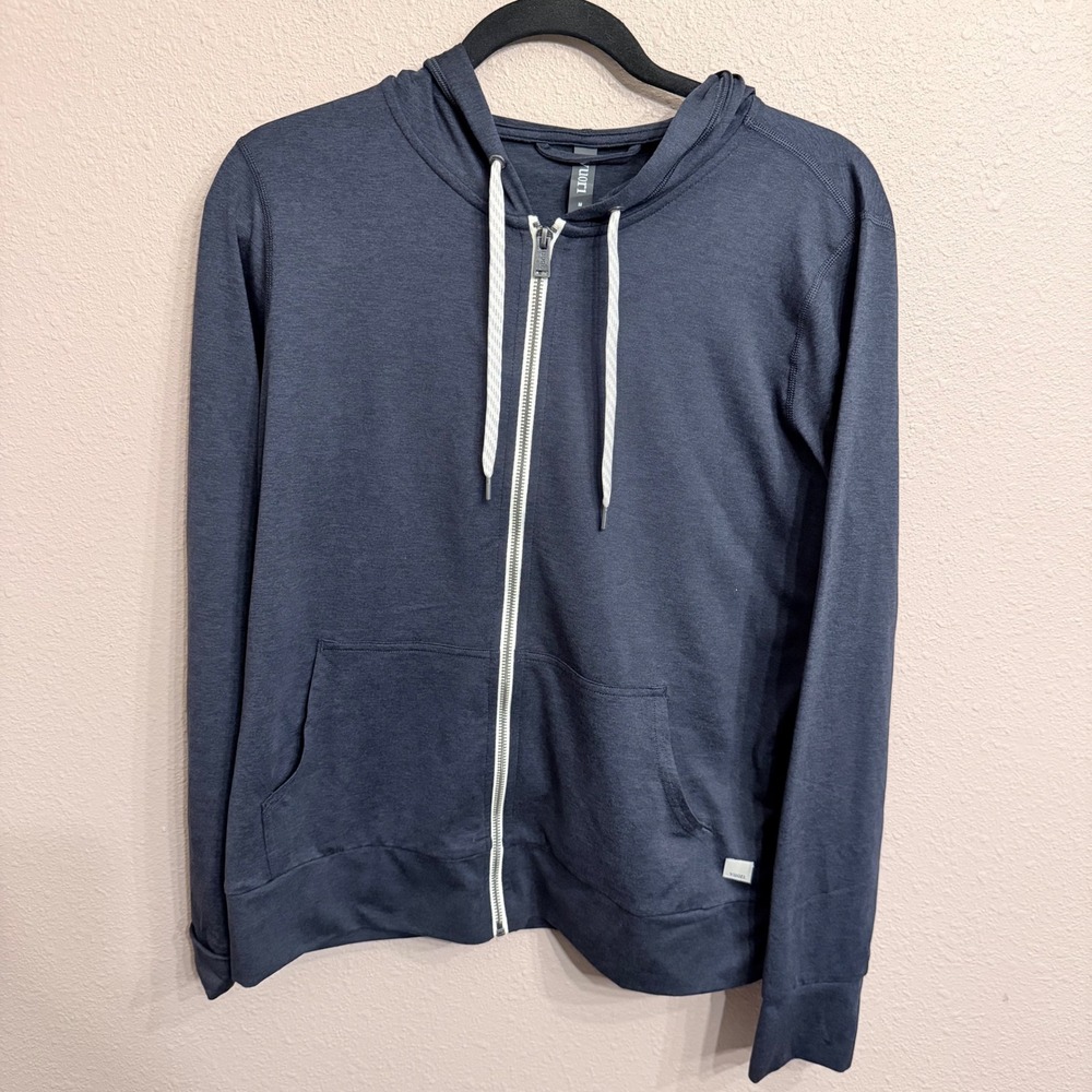 Vuori Navy Blue Zip-Up Hoodie with White Drawstrings